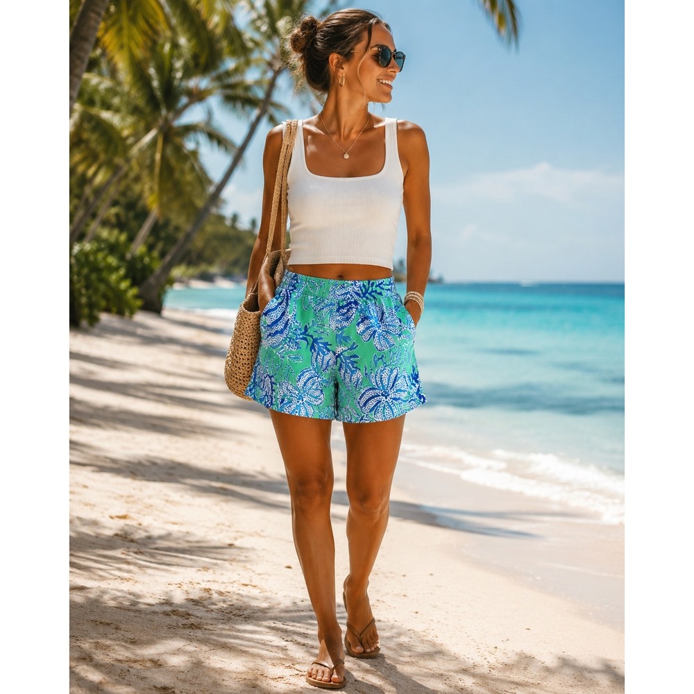 Lilly Pulitzer Buttercup Shorts Blue Green Floral Coral Print High Rise Womens